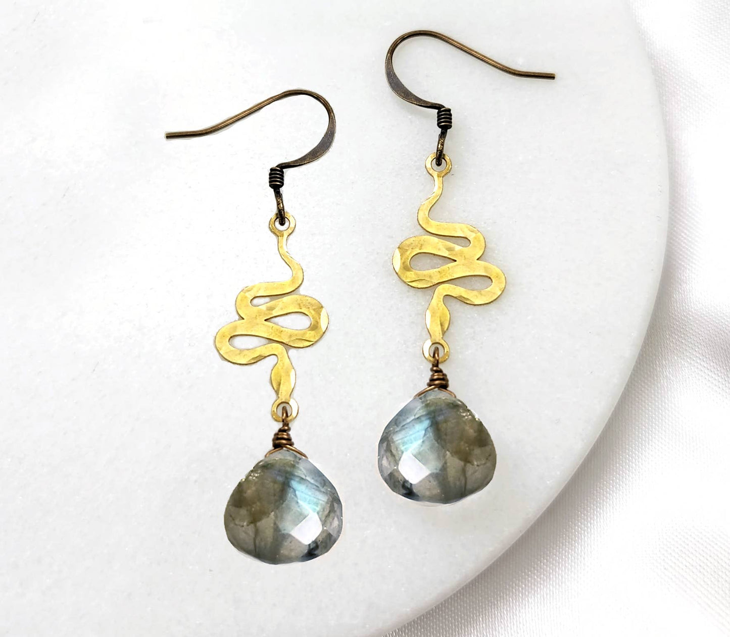 Edgy Petal Jewelry - Dainty Hammered Snake Gemstone Earrings in Multiple Colors