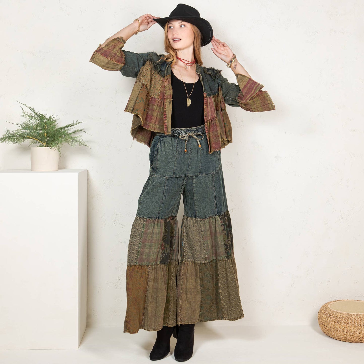 Young Threads - Tiered Patchwork Denim Cropped Shrug with Pants -Sold As Set