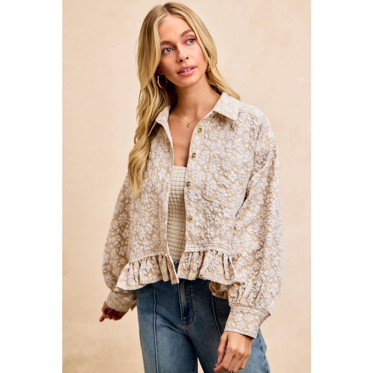 BiBi - TEXTURED FLORAL PATTERN RUFFLED HEM SHIRT TOP