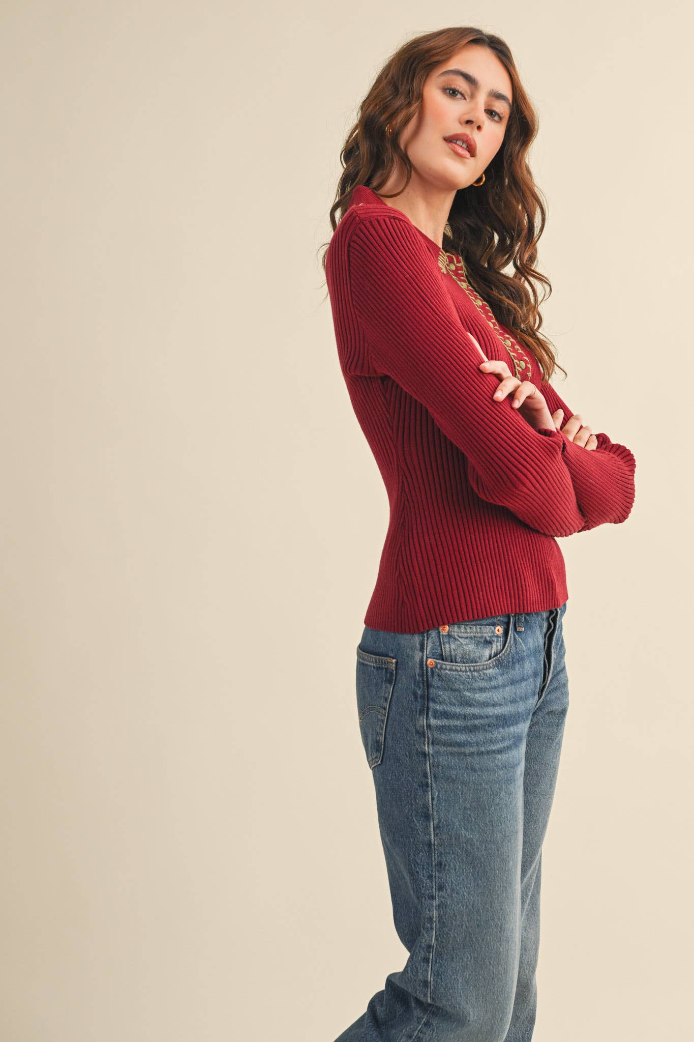 &MERCI - COLLARED RIBBED SWEATER WITH CONTRAST STITCH MSW11233
