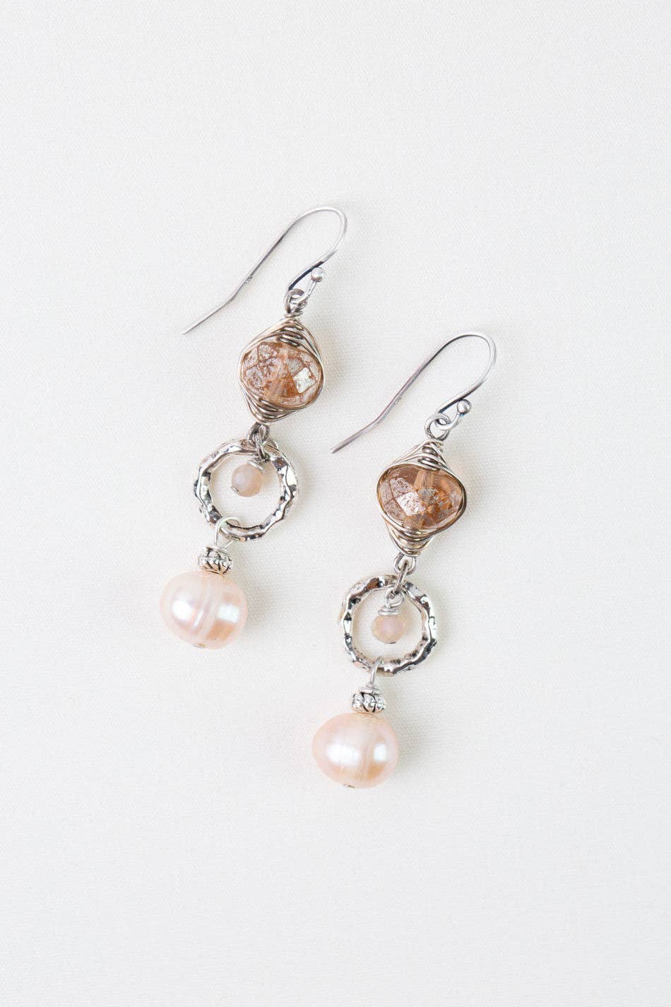 Anne Vaughan Designs Jewelry - Blush Freshwater Pearl, Czech Glass, Crystal Herringbone Earrings