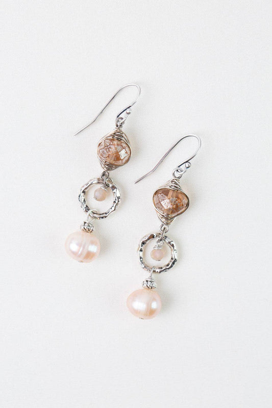 Anne Vaughan Designs Jewelry - Blush Freshwater Pearl, Czech Glass, Crystal Herringbone Earrings