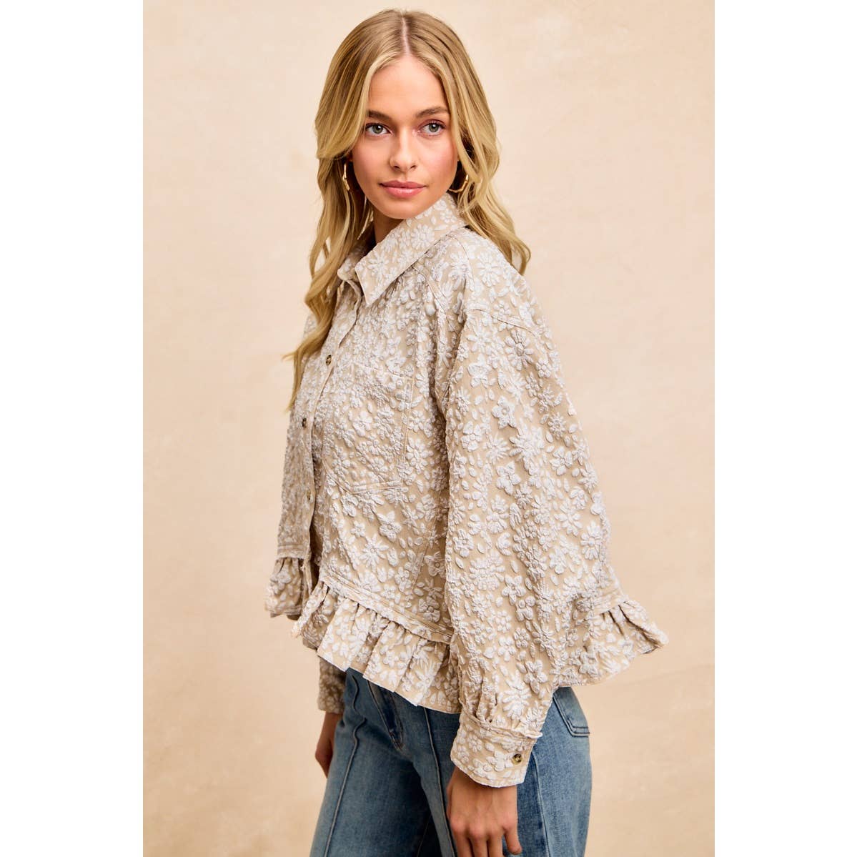 BiBi - TEXTURED FLORAL PATTERN RUFFLED HEM SHIRT TOP