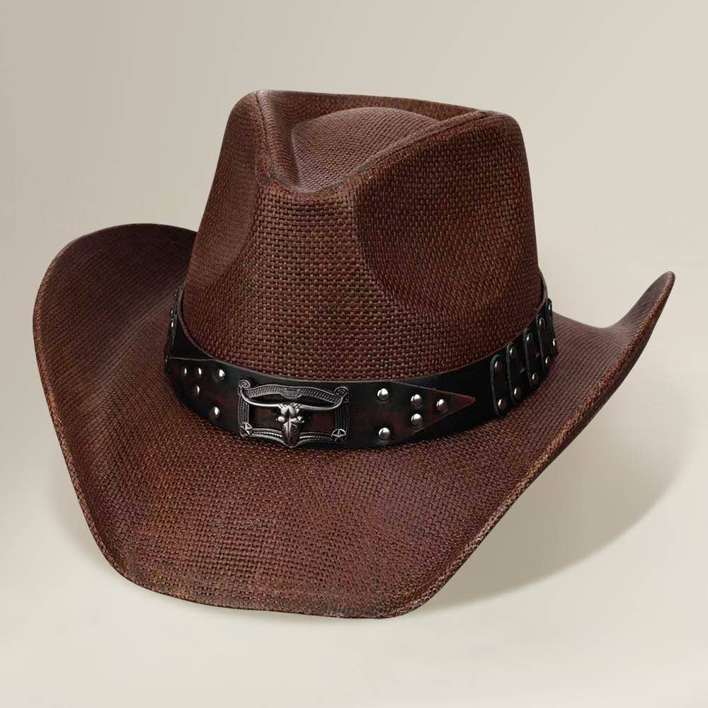Sensibling Corp. - Steer Head Accent Studded Faux Leather Band Western Straw Cowboy Hat