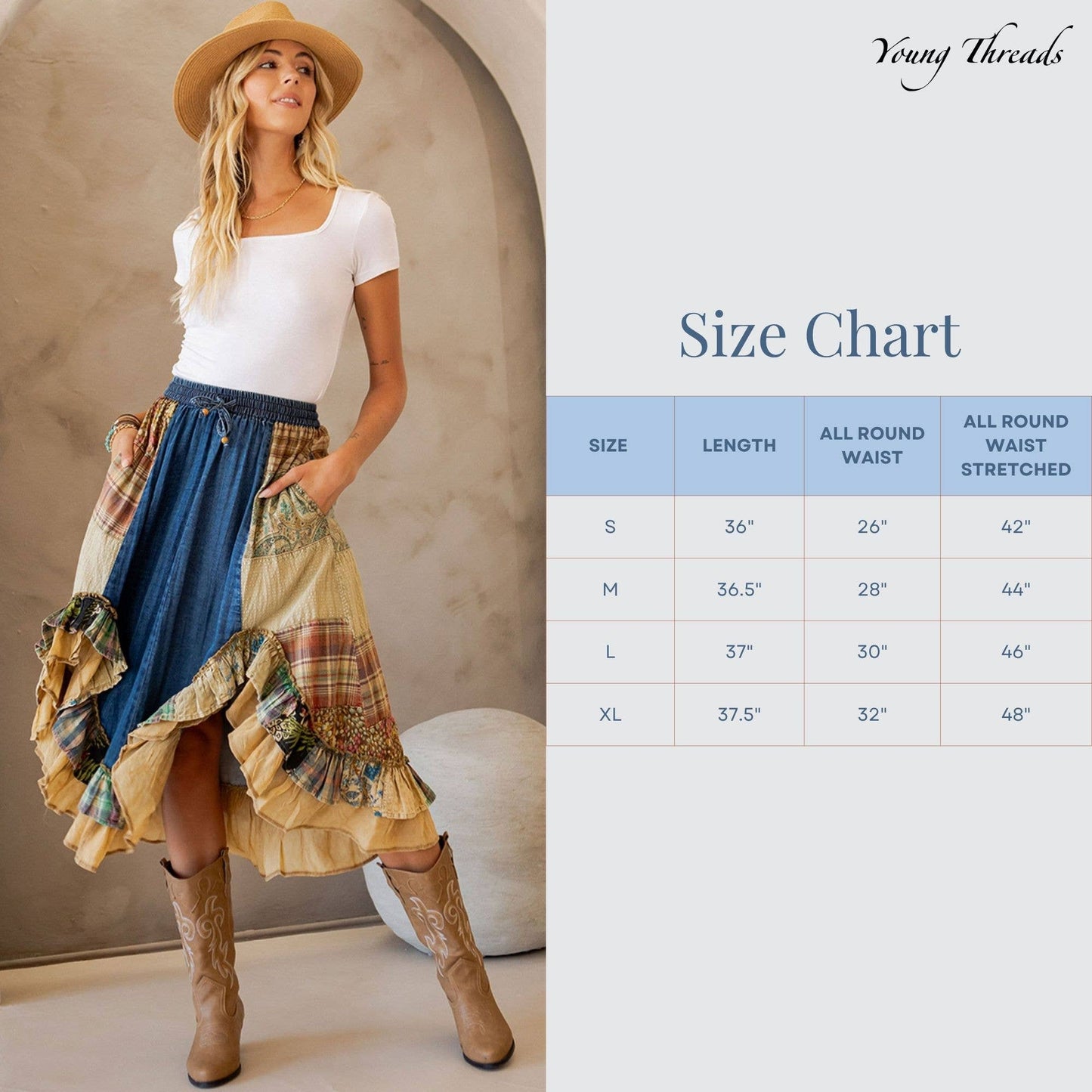 Young Threads - Western Boho Chic: Patchwork Midi Skirt