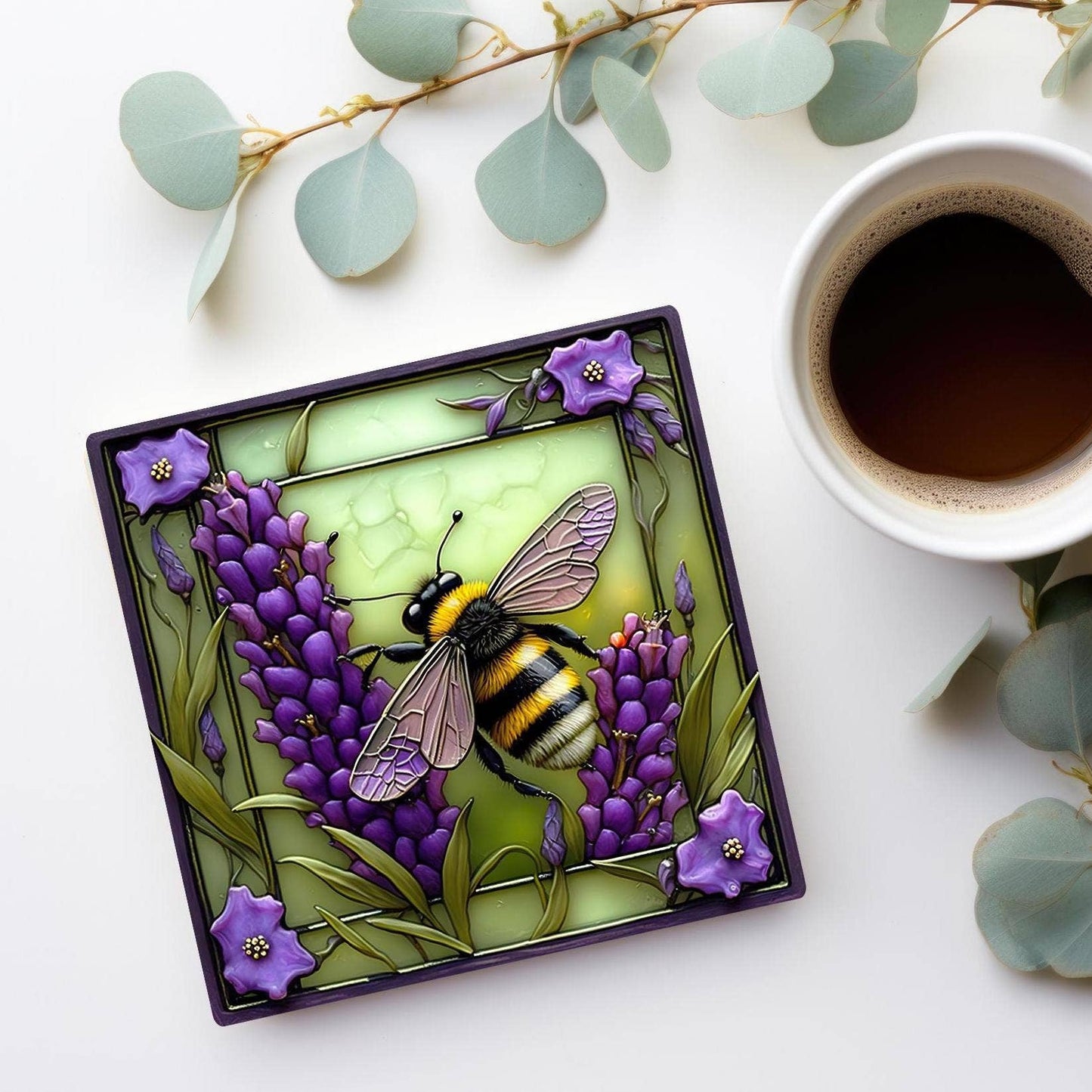 Fernville Creations - Bee & Lavender Ceramic Coaster with Cork Back for Home Decor