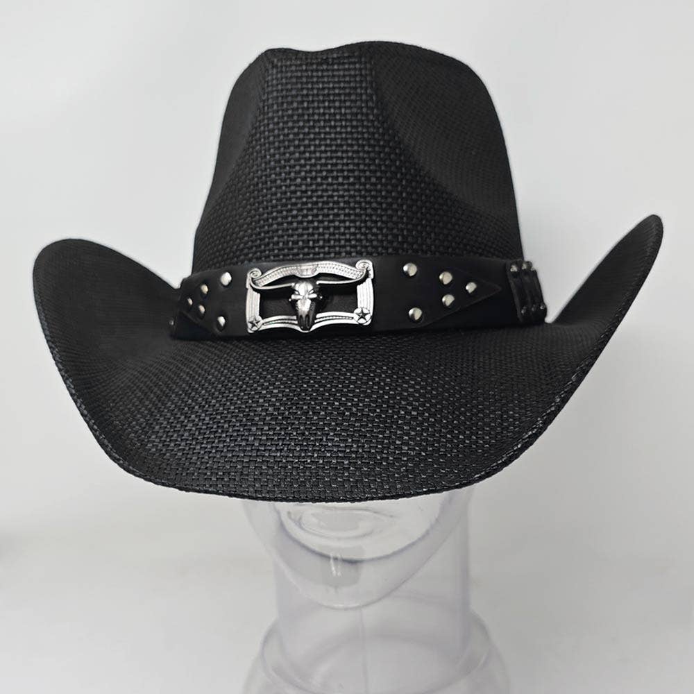 Sensibling Corp. - Steer Head Accent Studded Faux Leather Band Western Straw Cowboy Hat