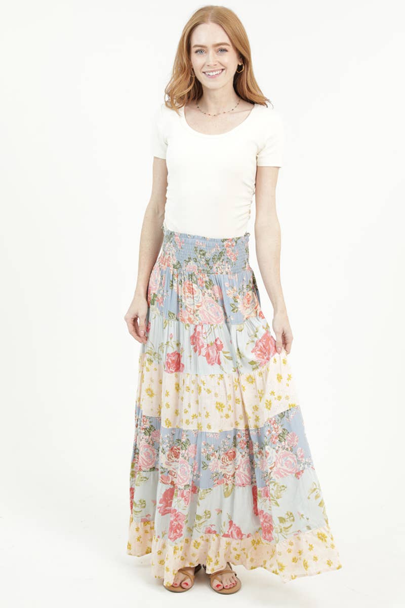 ANGIE - 26P57-WB24-WB25 MIX PRINT A LINE MAXI SKIRT WITH SMOCKED WAI