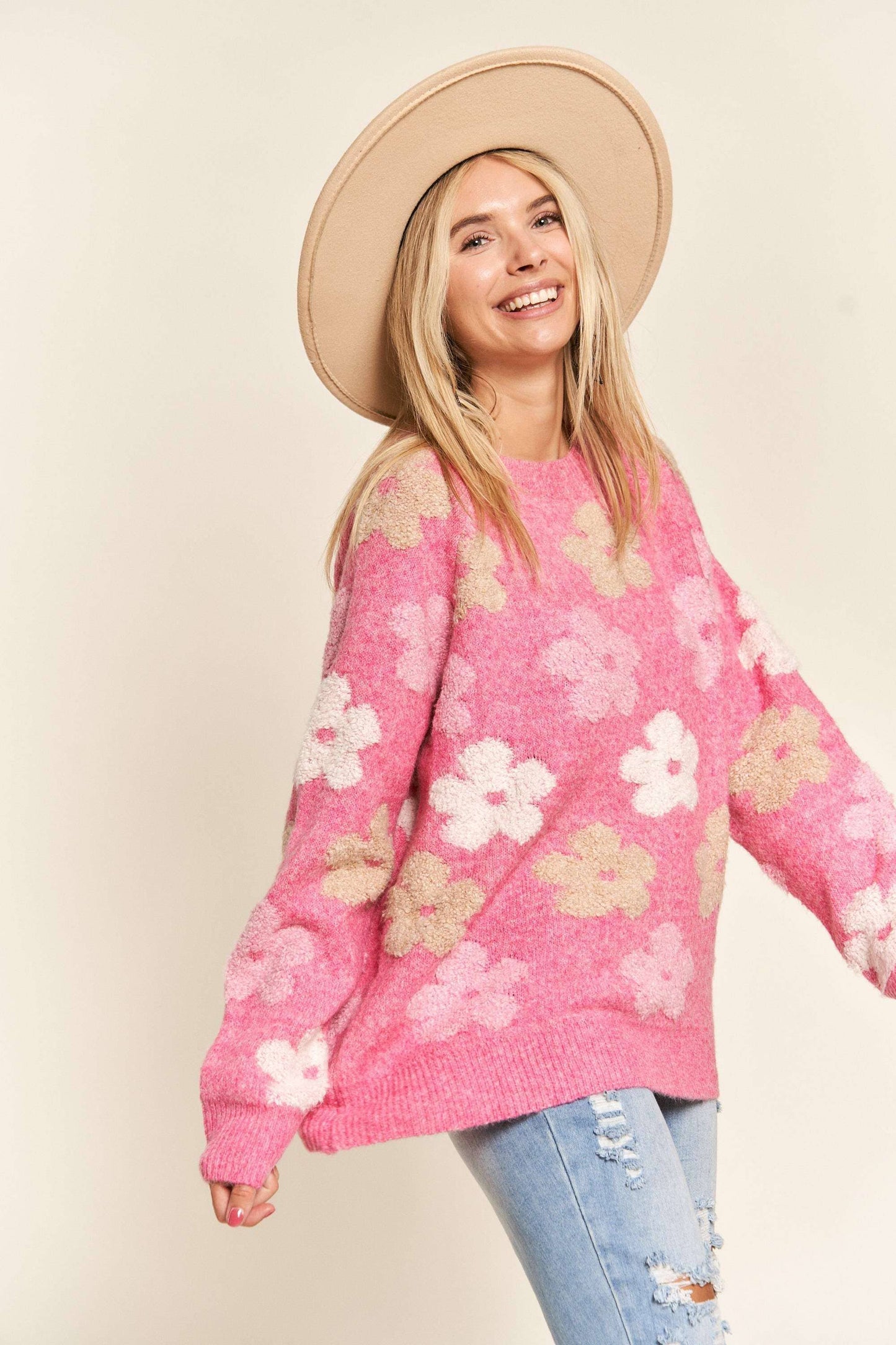 Madelyn - LESW3187- FLORAL POPPED SWEATER TOP
