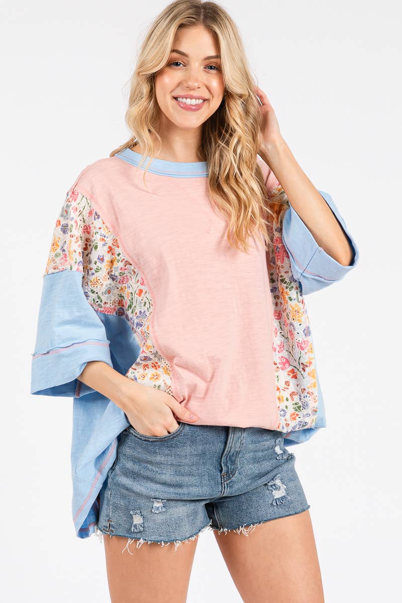 Sewn and Seen - WASHED FLORAL PATCHWORK OVERSIZED CONTRAST TEE
