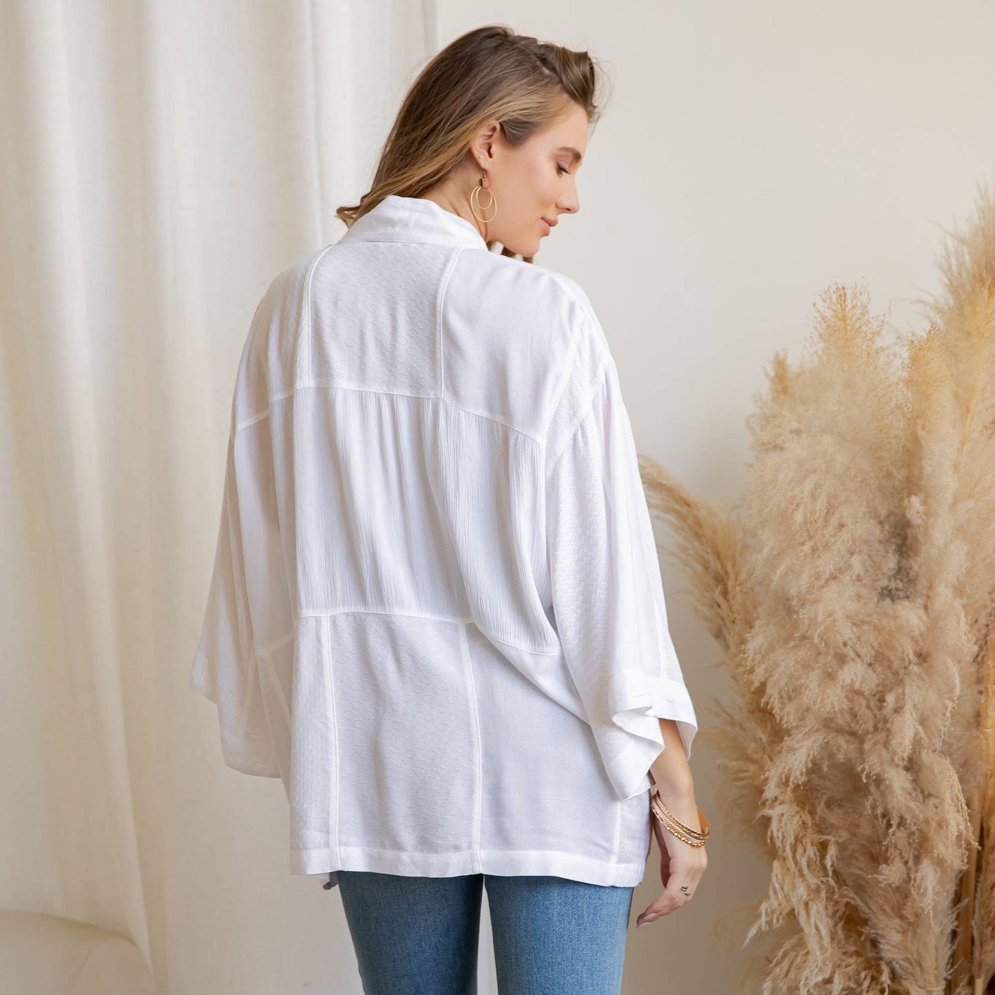 Young Threads - Boho Textured Mixed-Print Kimono with Pouch Pockets