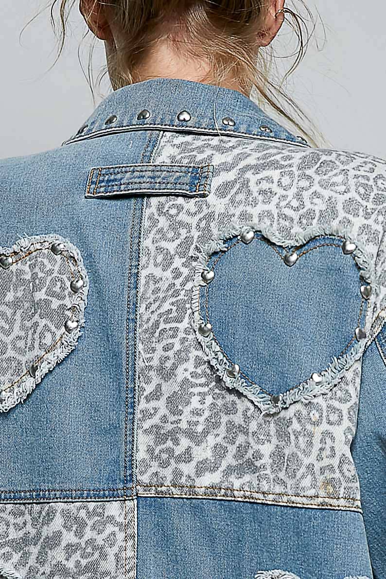 Pol Clothing - Heart-Shaped Patch Pockets Texture Stud Collar Woven Jacket