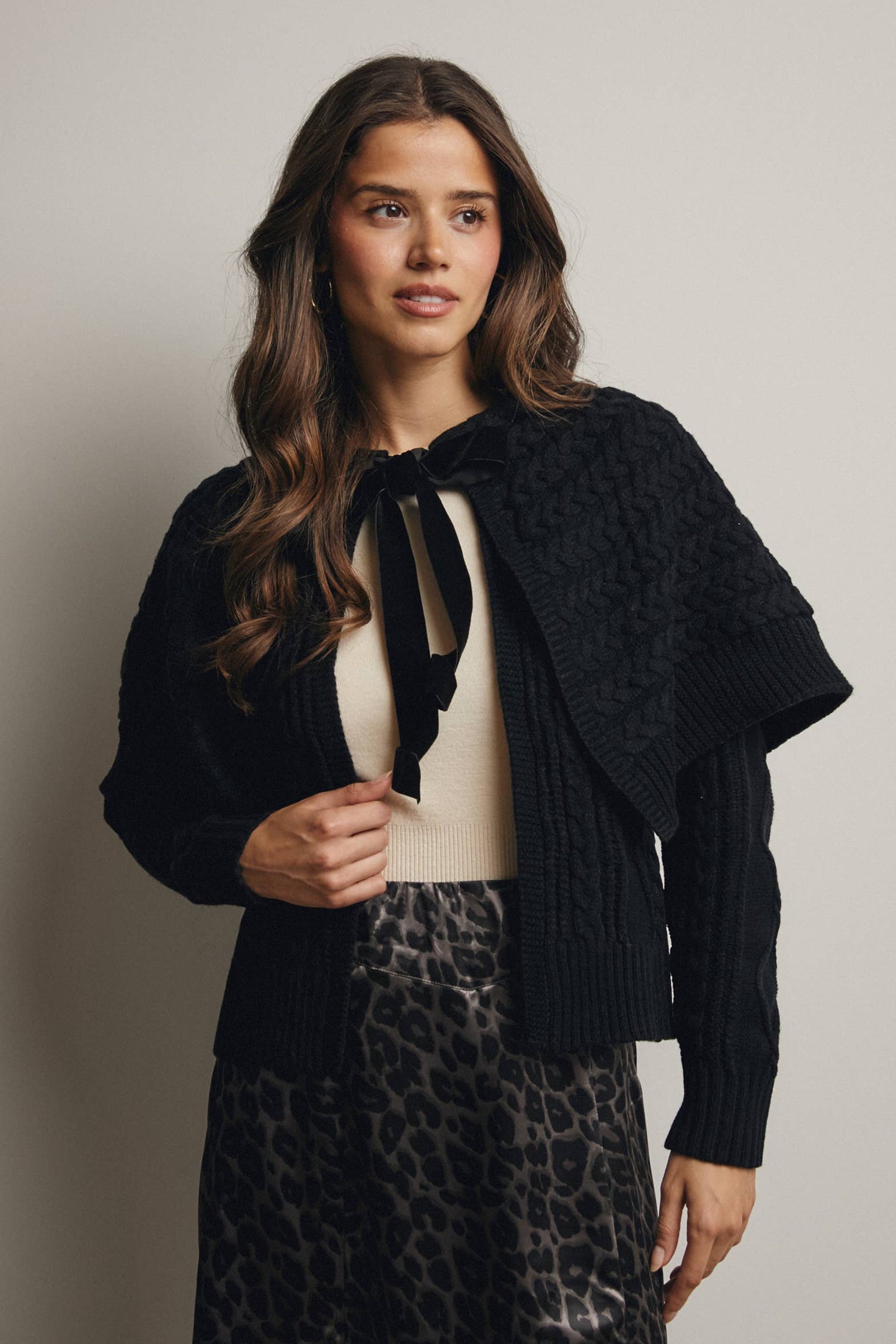 Forte - Cable Knit Capelet Cardigan with Velvet Bow FSW0017