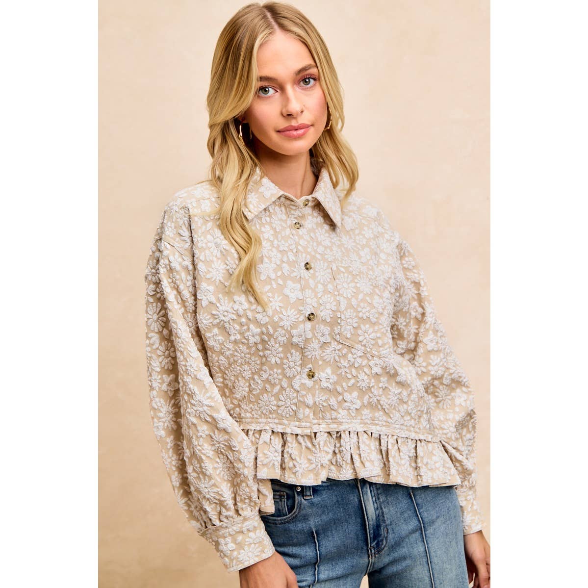 BiBi - TEXTURED FLORAL PATTERN RUFFLED HEM SHIRT TOP
