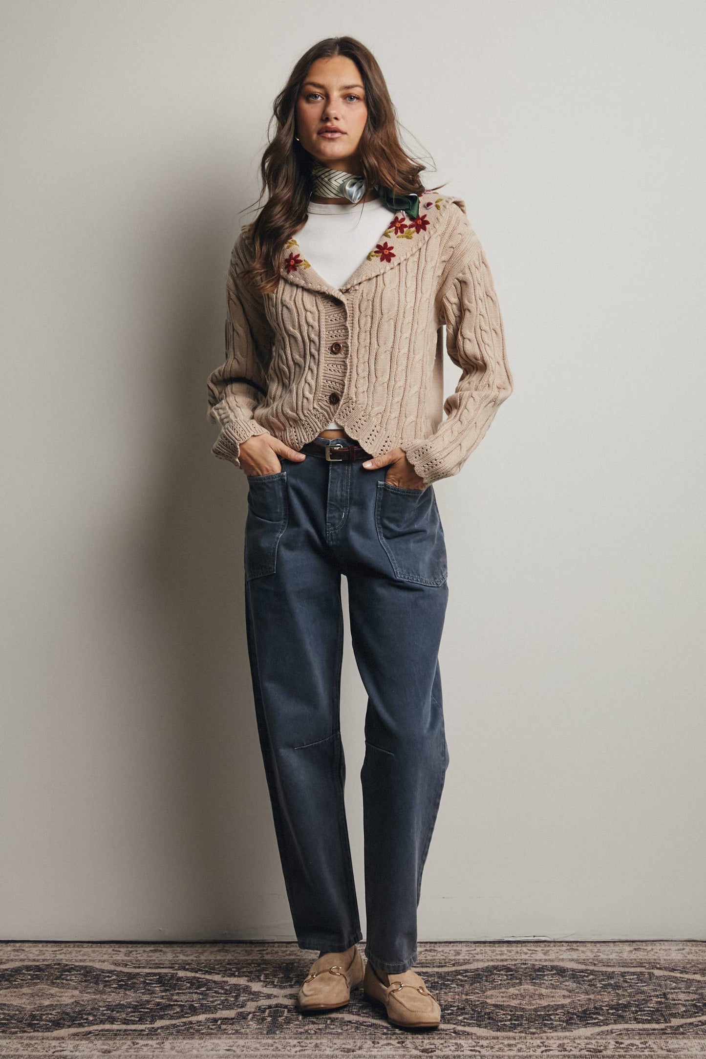 Forte - Cable Knit Embroidered Collar Cardigan FSW0024