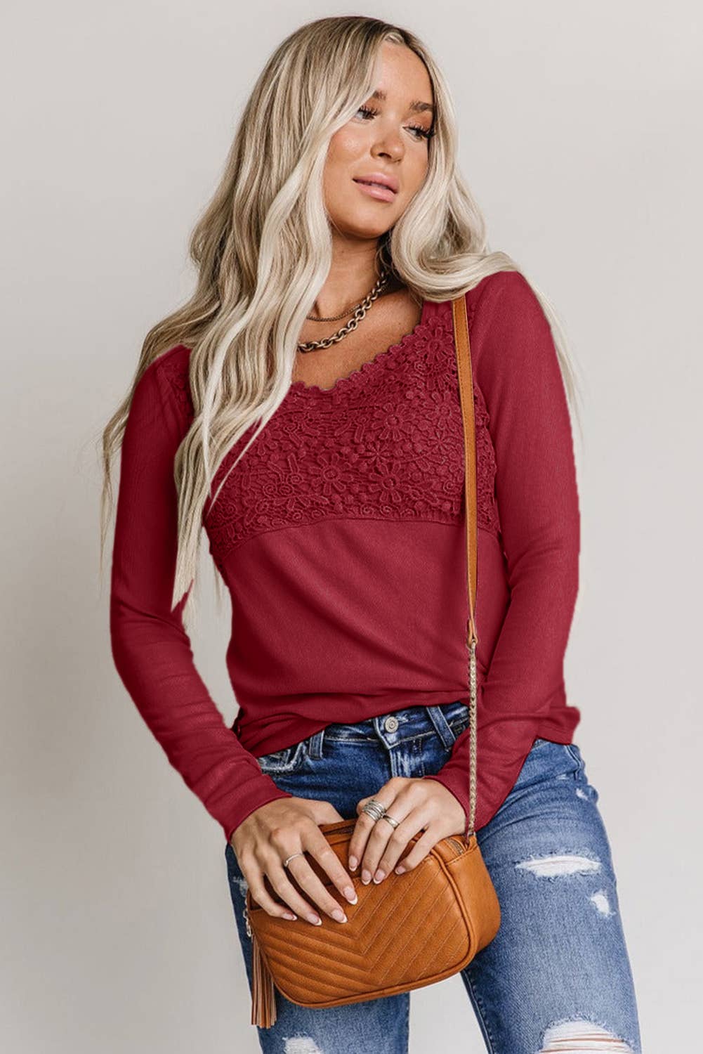 Lovesoft - Lace Crochet V Neck Long Sleeve Top