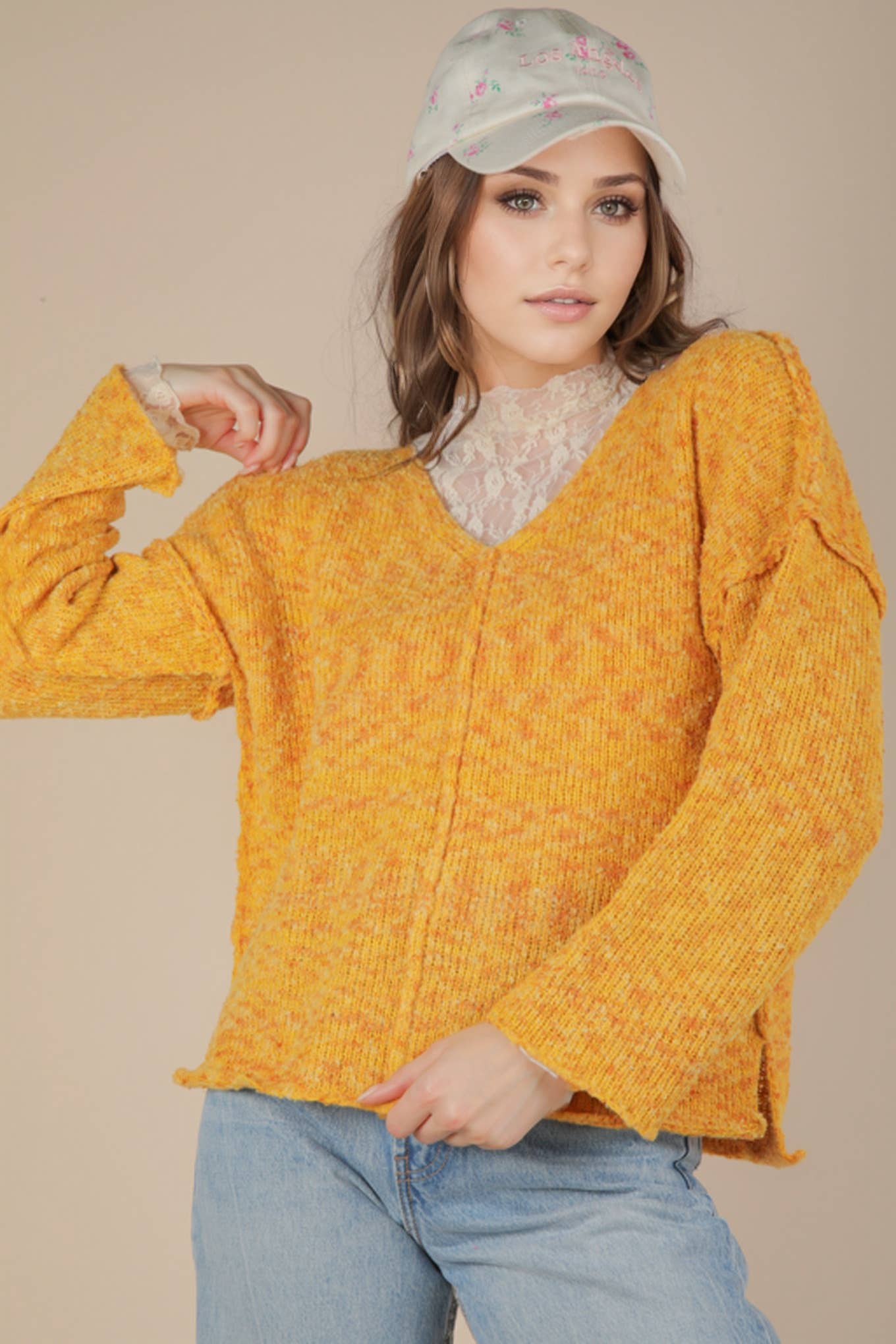 VERY J - 12W3270N-Oversized Casual Multi Color Knit Sweater Top