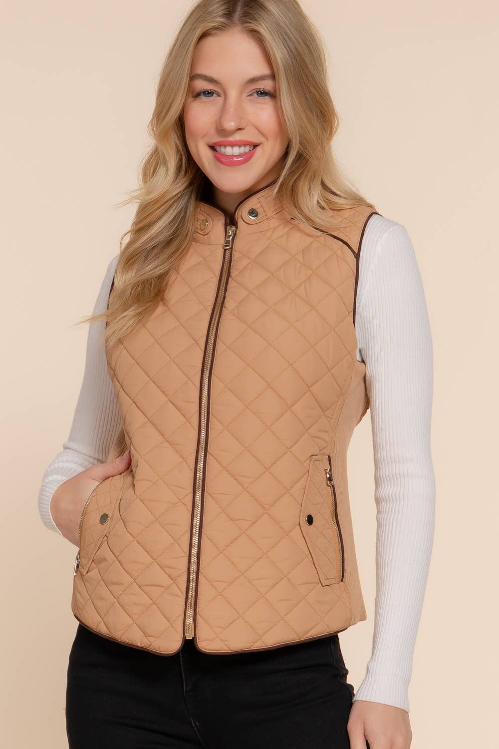 Active Basic | Active USA - Suede Piping Detail Rib Quilted Padding Vest