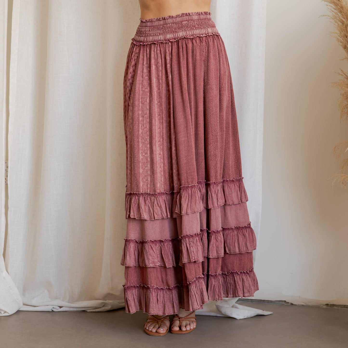 Young Threads - Rustic Textured Smocked Waist Ruffled Tiered Maxi Skirt