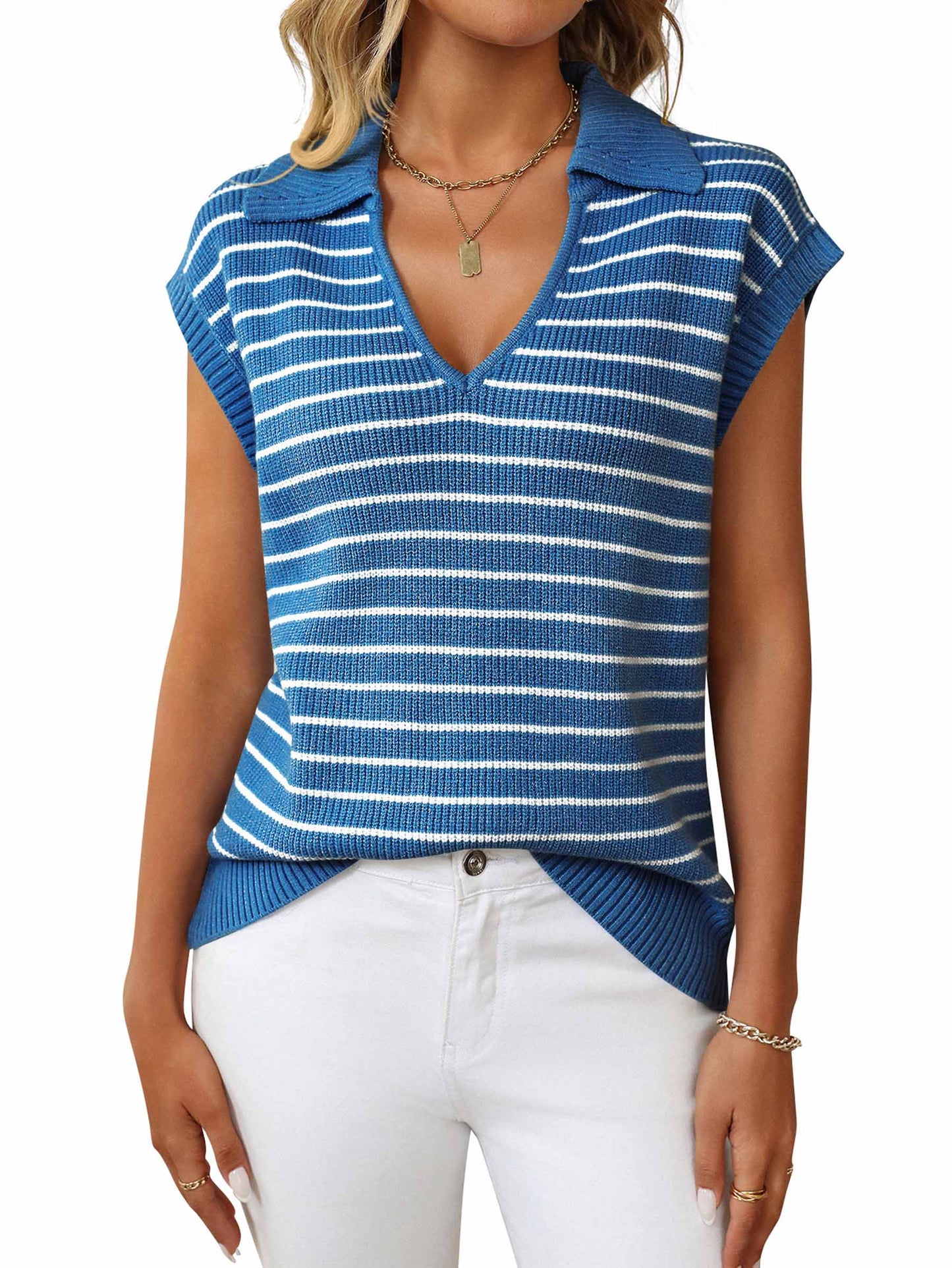 Wholesalesir - V-neck Knitted Striped Lapel Top