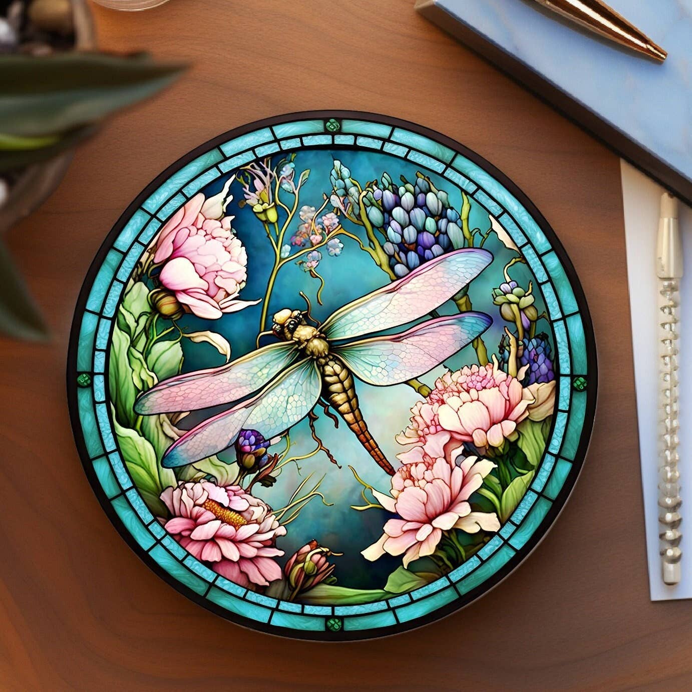 Fernville Creations - Dragonfly Coaster with Pink Flower for Coffee Table Decor