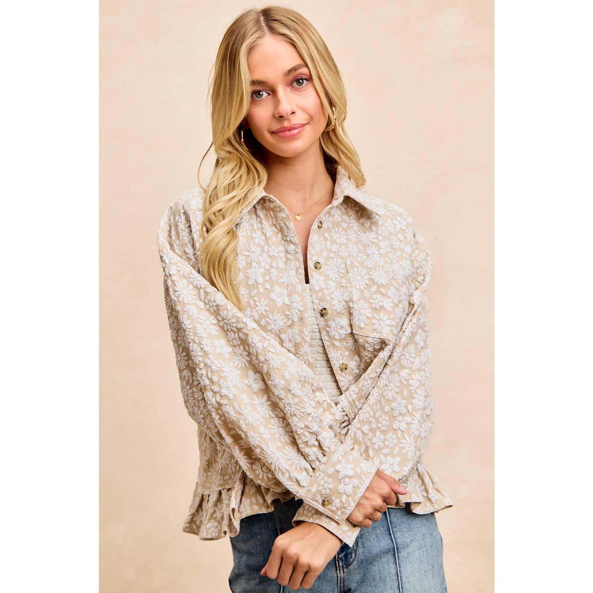 BiBi - TEXTURED FLORAL PATTERN RUFFLED HEM SHIRT TOP