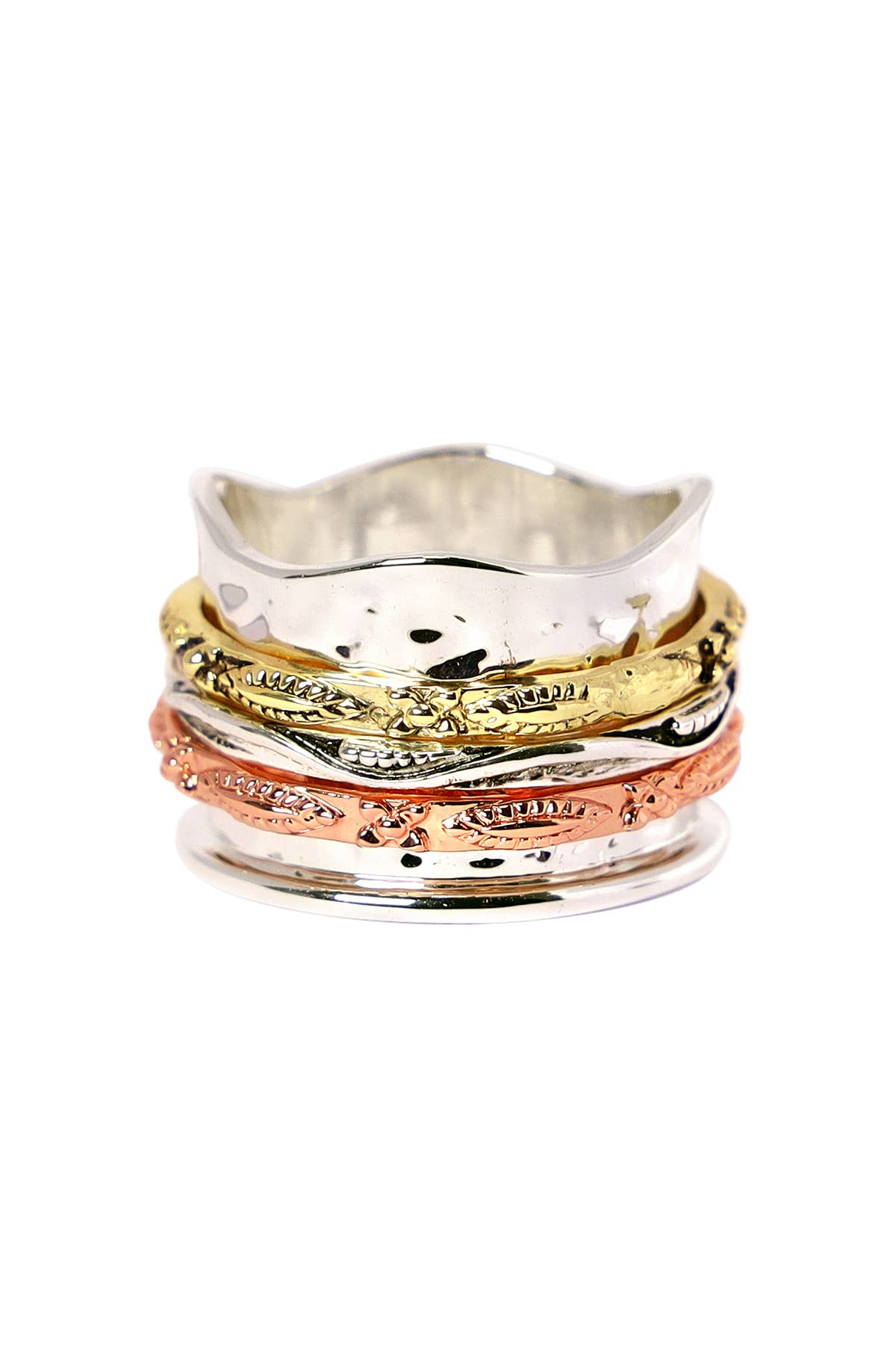 Zoey Simmons - Tri-Tone Hammered Spinner Ring - SP/GP/RG