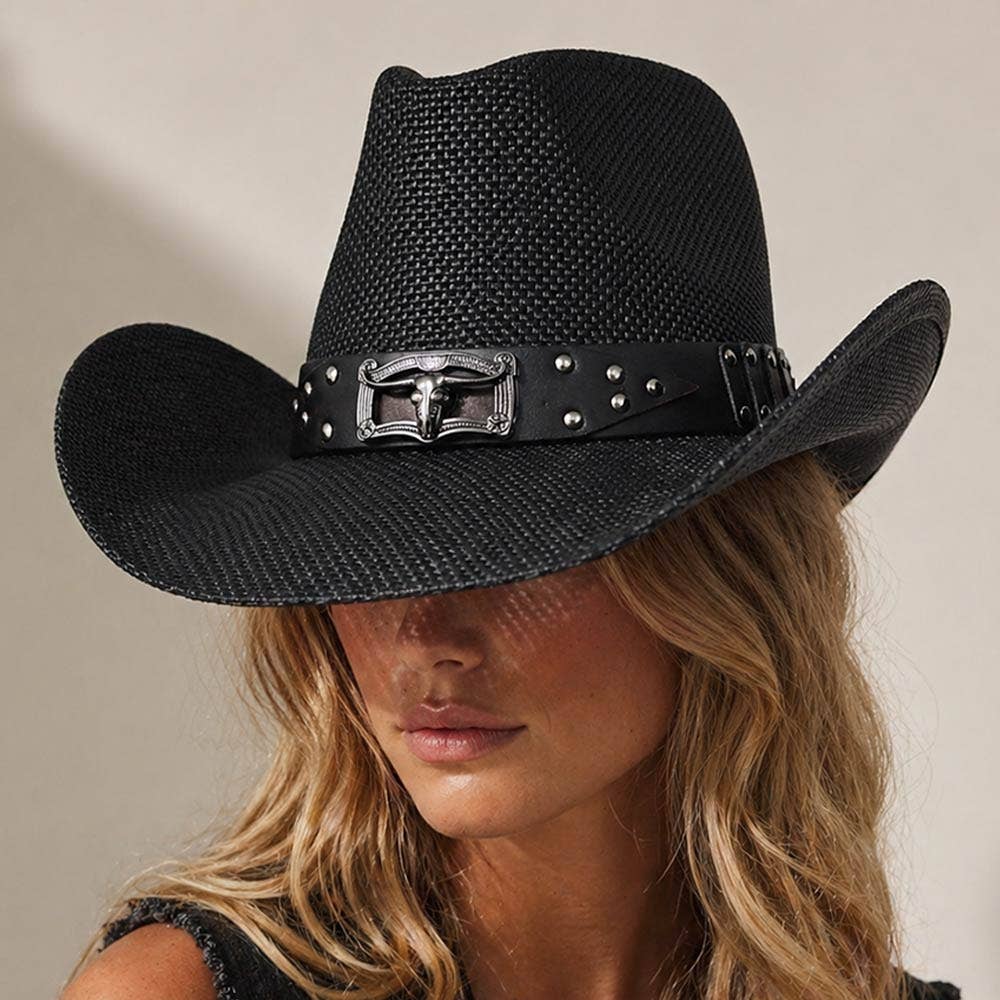Sensibling Corp. - Steer Head Accent Studded Faux Leather Band Western Straw Cowboy Hat