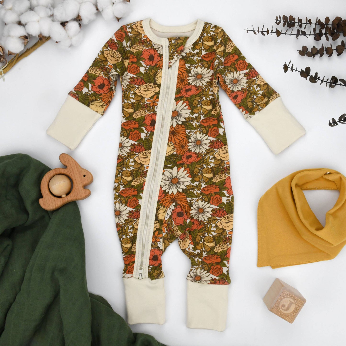 Earthy - Organic Cotton Baby Pajamas 2-Way Zip Front Zipper Sleeper, Daisy