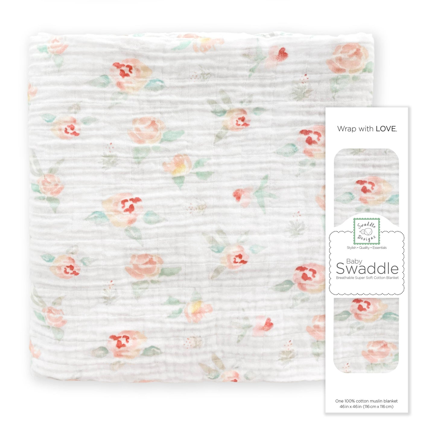 SwaddleDesigns - Watercolor Peachy Pink Floral Muslin Swaddle Blanket