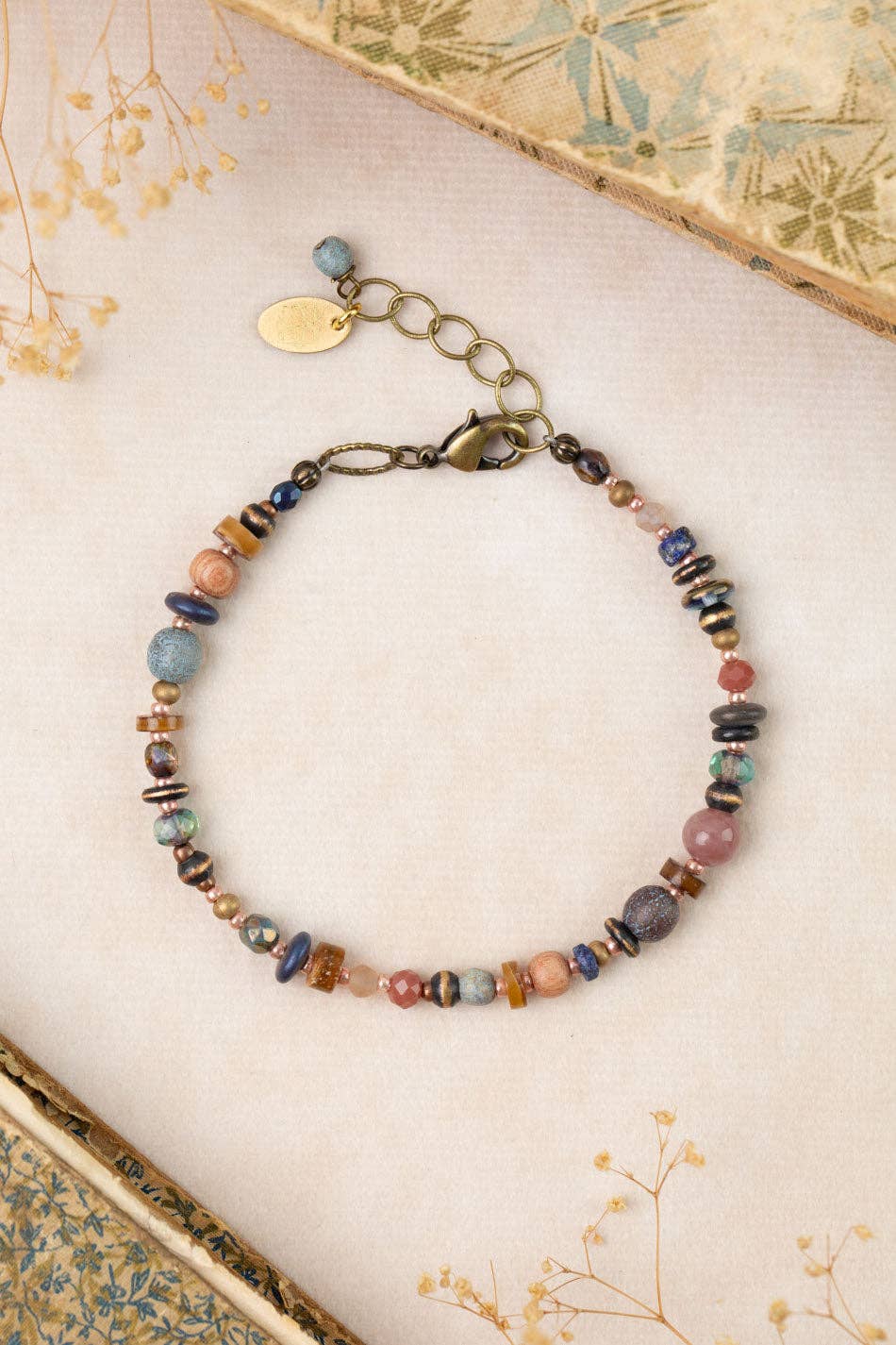 Anne Vaughan Designs Jewelry - Storyteller 7.5-8.5" Czech Glass, Muscovite, Wood Collage Bracelet