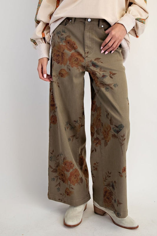 Flower Print Pants Olive