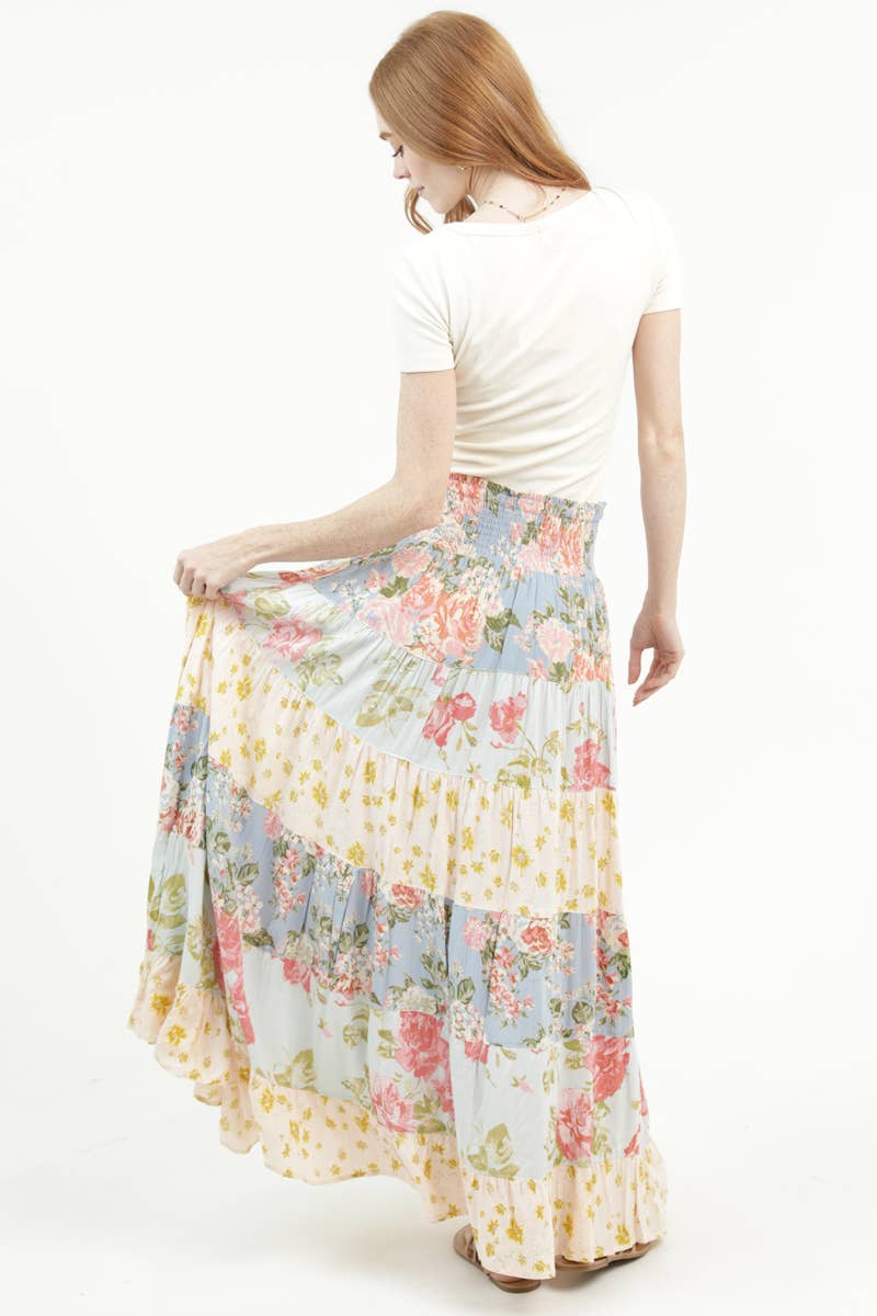 ANGIE - 26P57-WB24-WB25 MIX PRINT A LINE MAXI SKIRT WITH SMOCKED WAI