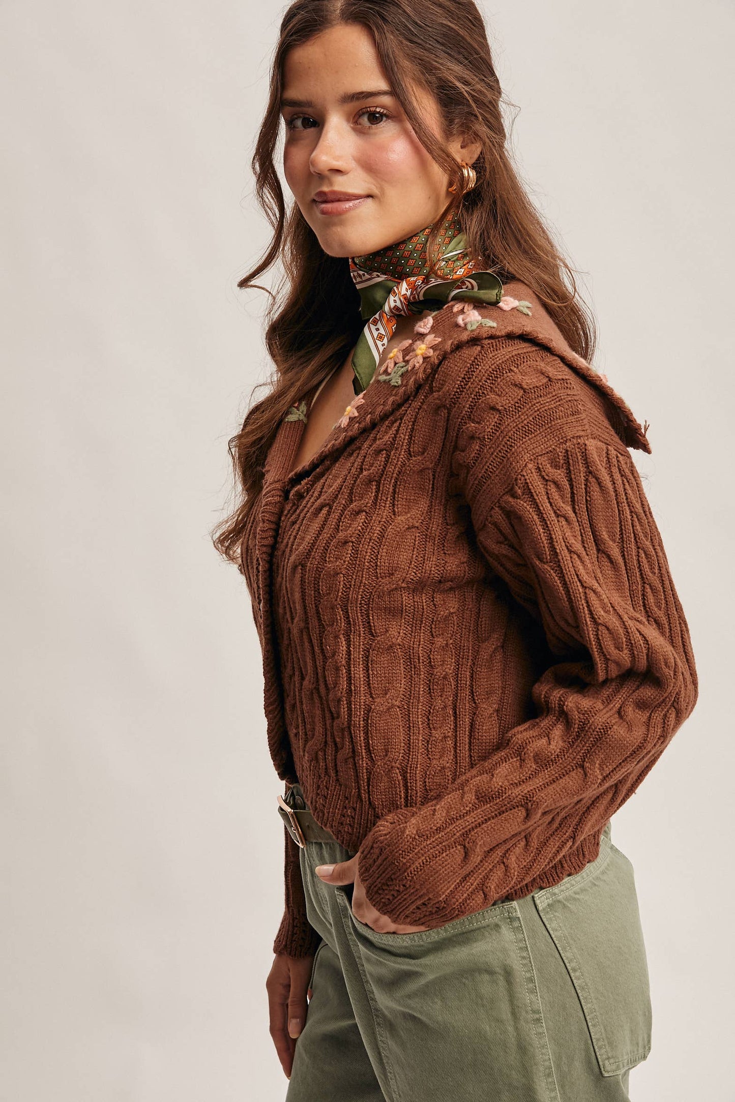 Forte - Cable Knit Embroidered Collar Cardigan FSW0024