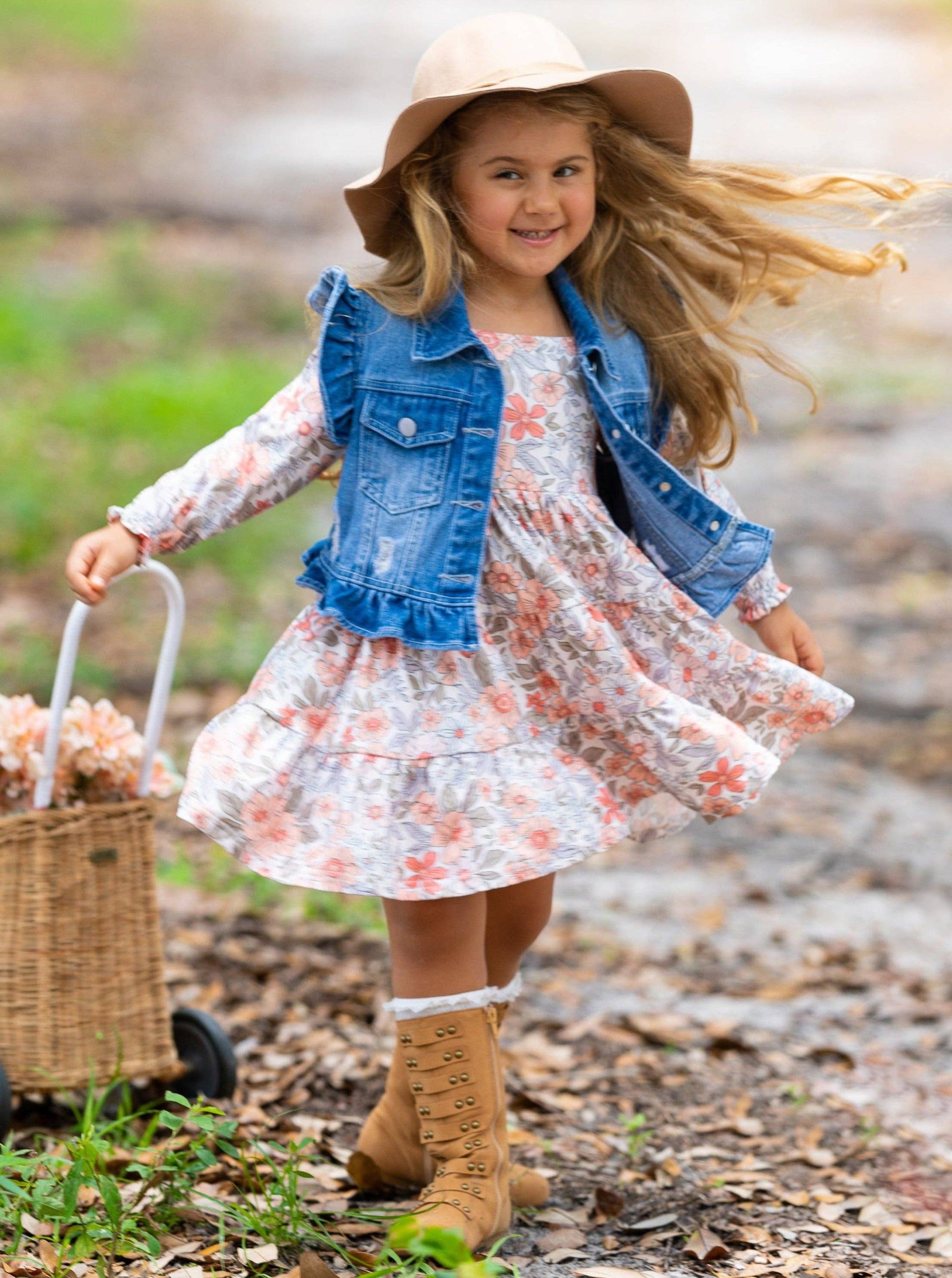 Mia Belle Girls Wholesale - Long Sleeve Floral Dress w/ Ruffle Denim The B's Nest Mia Belle Girls Wholesale - Long Sleeve Floral Dress w/ Ruffle Denim The B's Nest