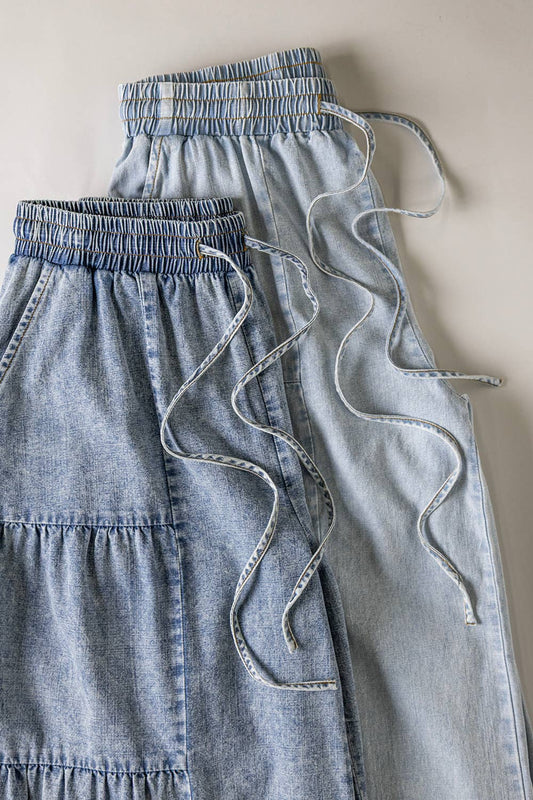 VERY J - NP70989-Tiered Layers Mineral Washed Chambray Pants