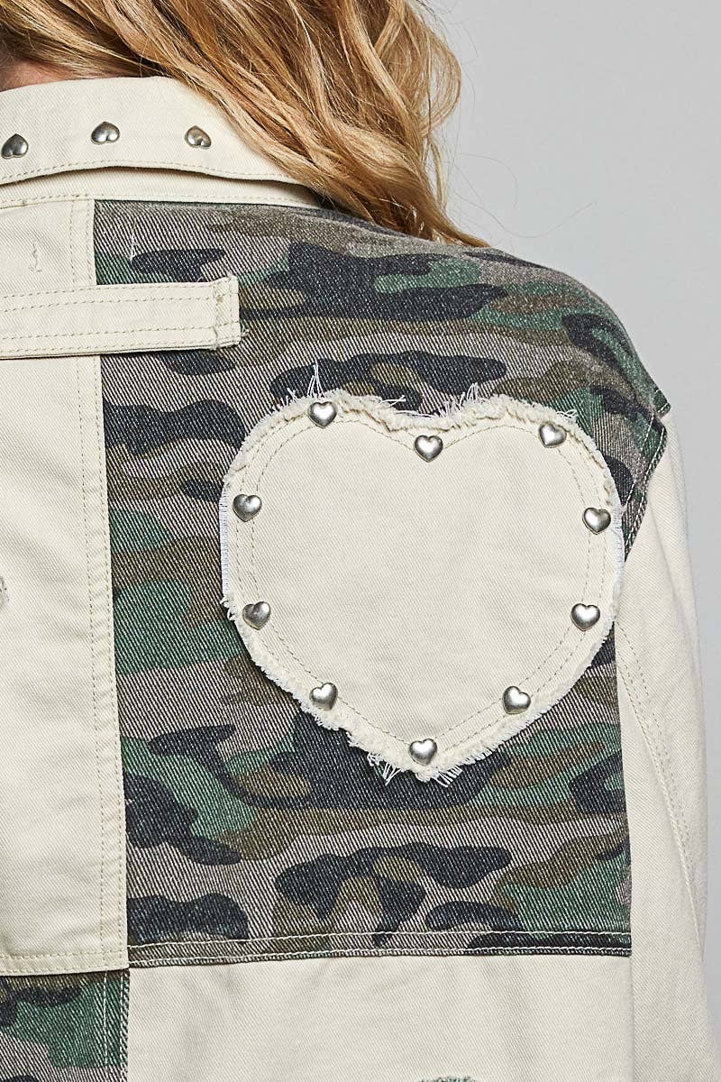 Pol Clothing - Heart-Shaped Patch Pockets Texture Stud Collar Woven Jacket