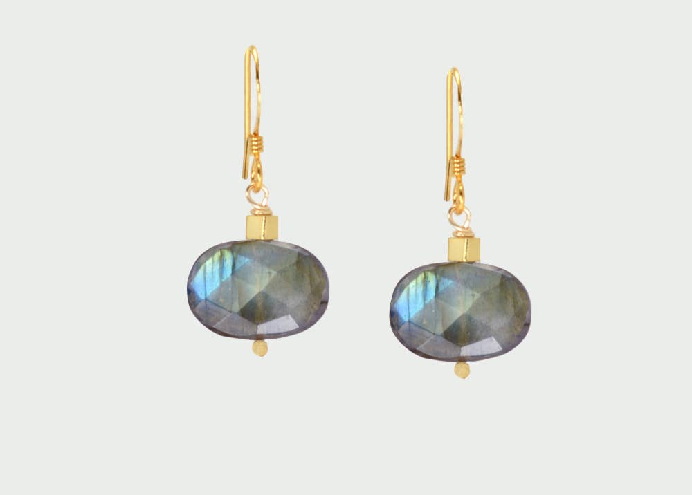 Edgy Petal Jewelry - Olivia Labradorite Oval Gold Earrings (Choose Stone Size)