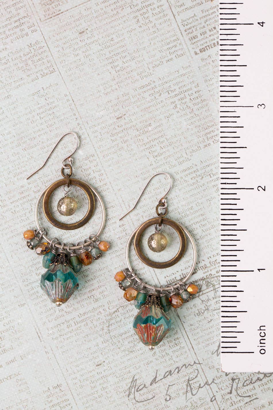 Anne Vaughan Designs Jewelry - Wisdom Within Turquoise Blue Czech Glass Flower With Antique Gold Etching Cluster Earrings