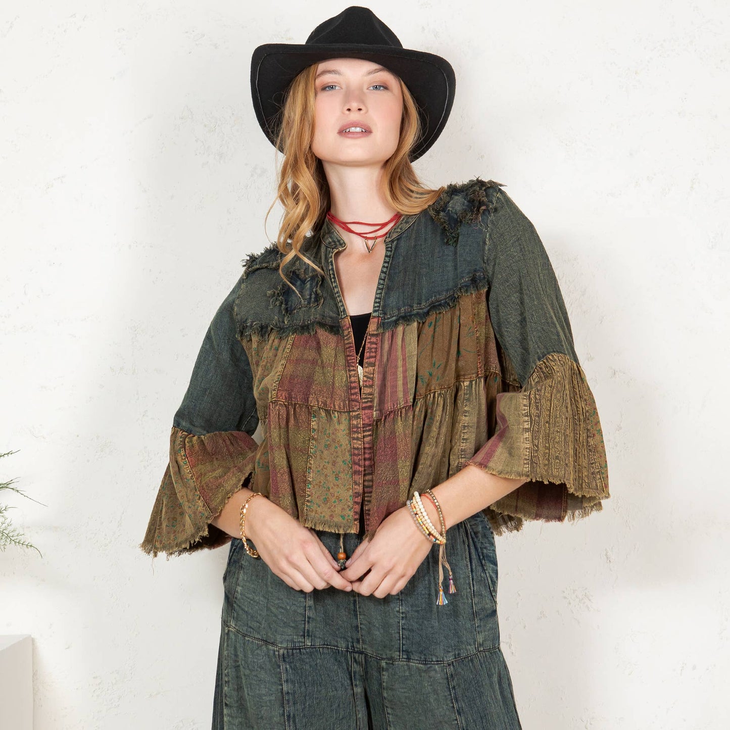 Young Threads - Tiered Patchwork Denim Cropped Shrug with Pants -Sold As Set