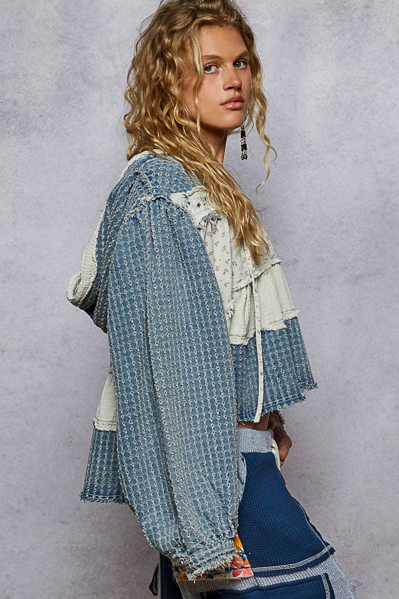 Pol Clothing - Balloon Sleeve Textured Denim Twill Patch Ruffle Hoodie Top
