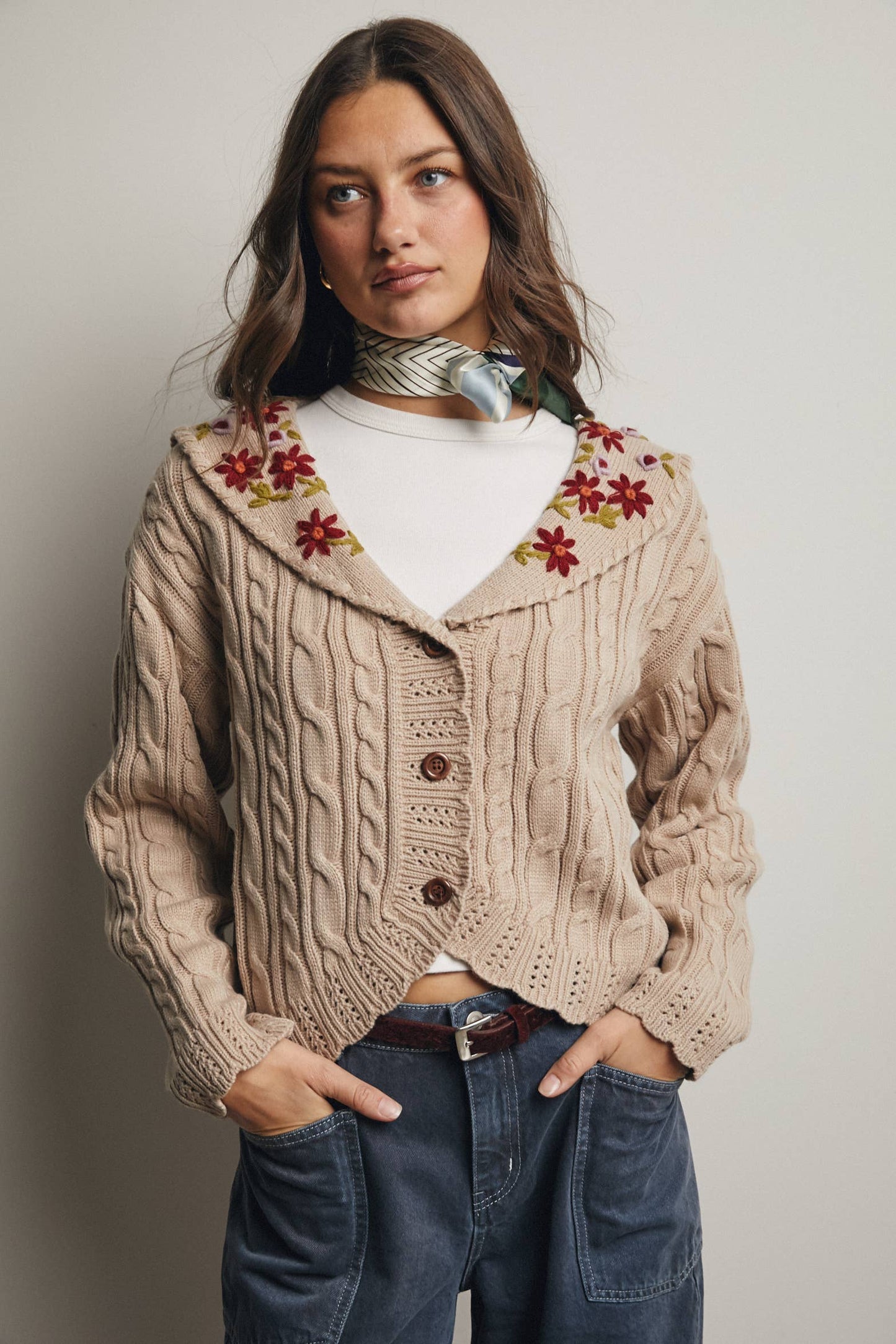 Forte - Cable Knit Embroidered Collar Cardigan FSW0024
