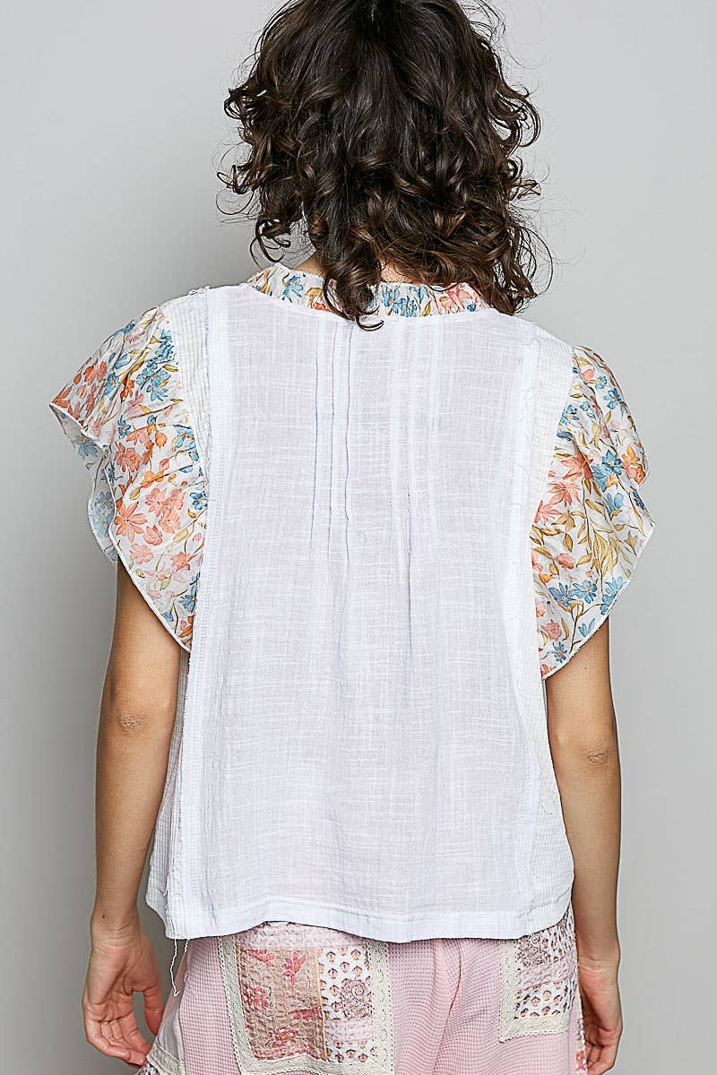 Pol Clothing - V neck Ruffle Sleeve Pintuck Contrast Woven Top