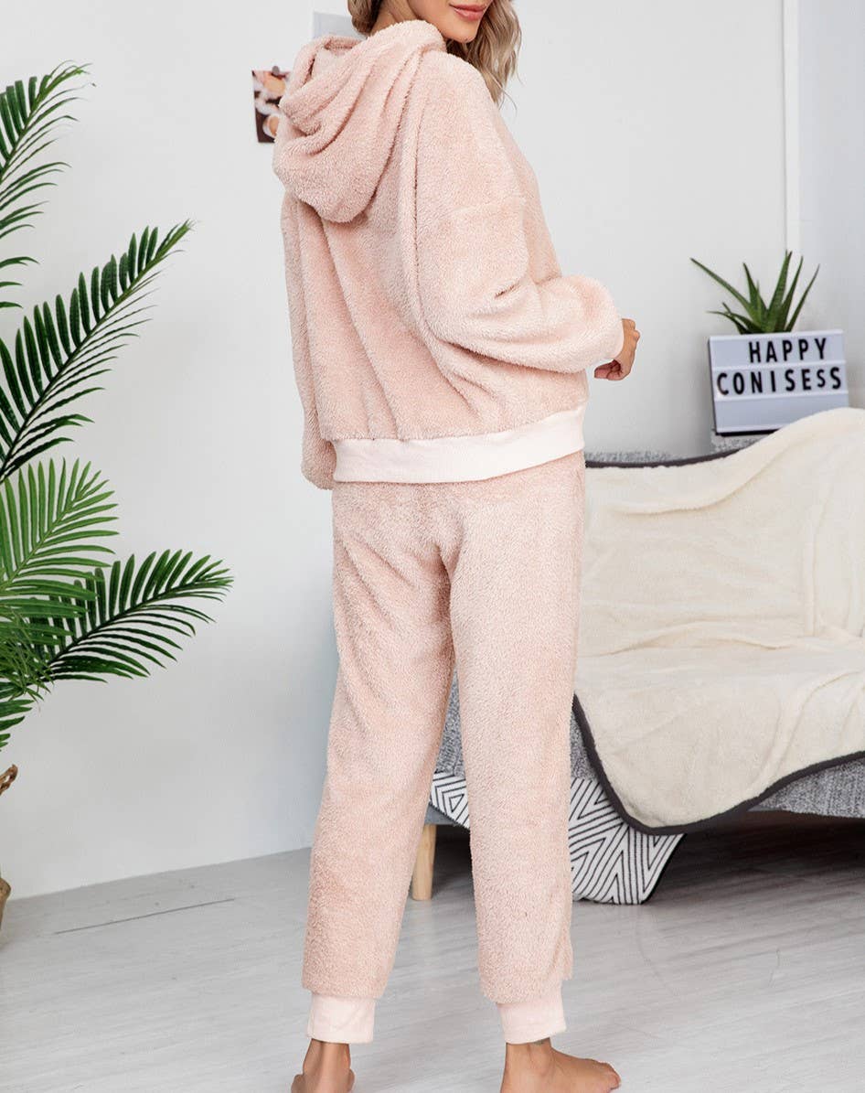 HIDDENBRAND - Drawstring Hooded Loungewear Fleece Two-Piece Set
