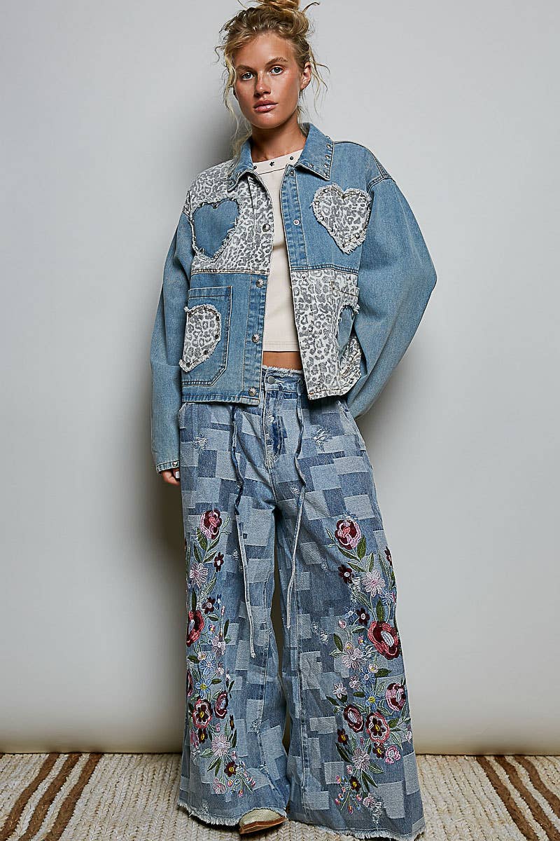 Pol Clothing - Heart-Shaped Patch Pockets Texture Stud Collar Woven Jacket