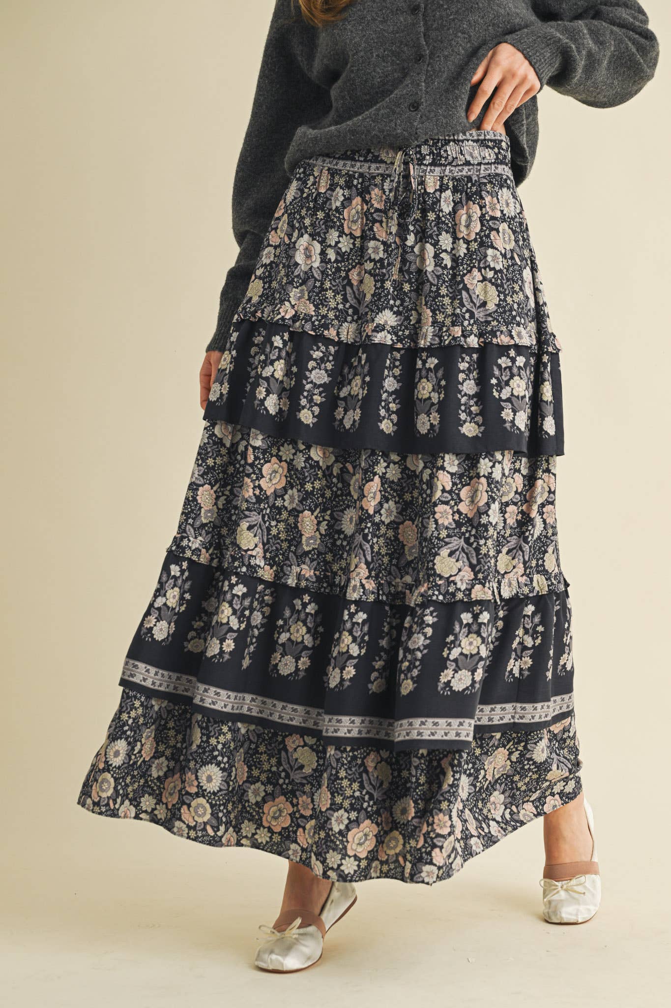 &MERCI - RUFFLE TIERED BORDER PRINT MIDI SKIRT MSK4166