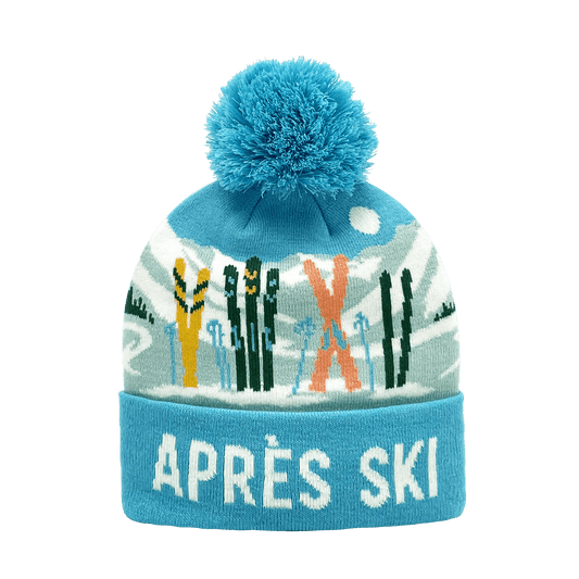 Northern Icons Creations INC - Après Ski Knit Beanie Hat with Pom Pom and Winter Ski Gear Scene