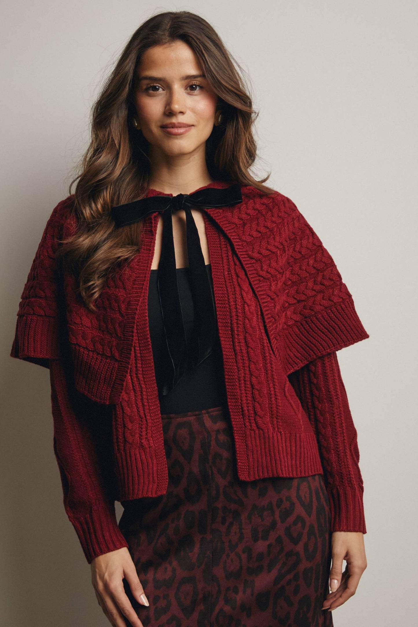 Forte - Cable Knit Capelet Cardigan with Velvet Bow FSW0017