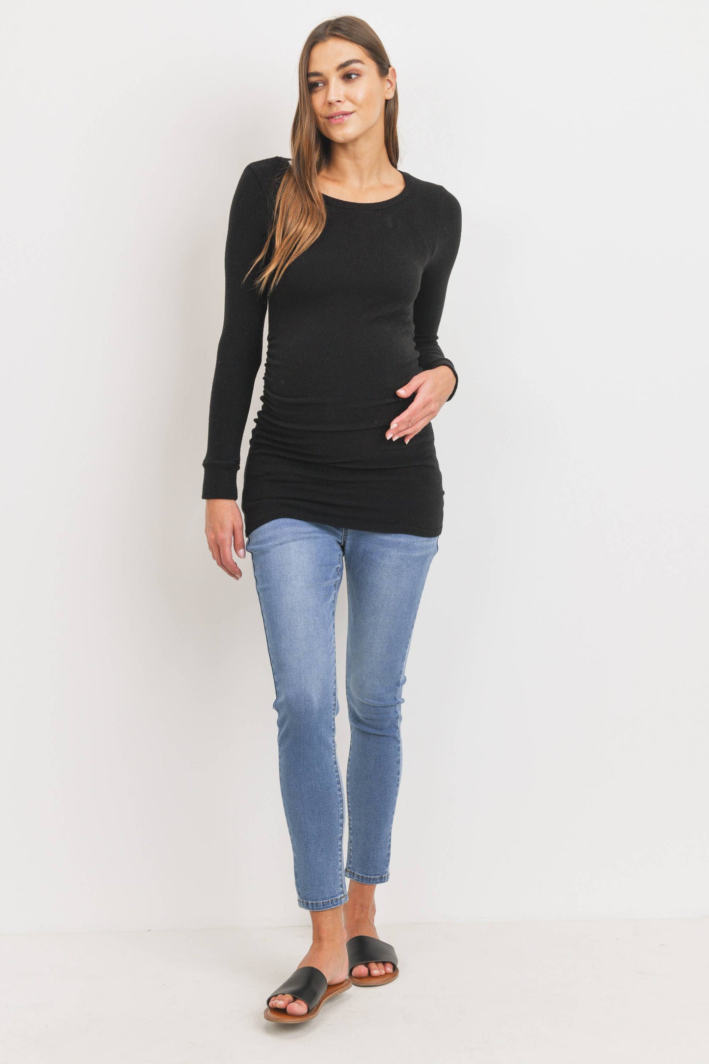 Hello Miz - Ruched Long Sleeve Maternity Knit Top