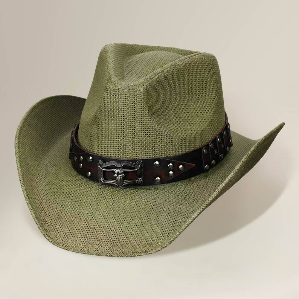 Sensibling Corp. - Steer Head Accent Studded Faux Leather Band Western Straw Cowboy Hat